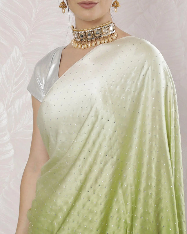 Cream to Sage green Premium pure silk satin saree having stone work in Ombre design-D16359 Regal Fabrics