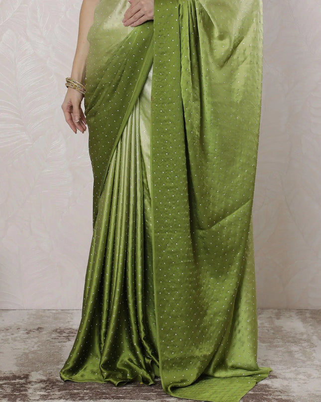 Cream to Sage green Premium pure silk satin saree having stone work in Ombre design-D16359 Regal Fabrics