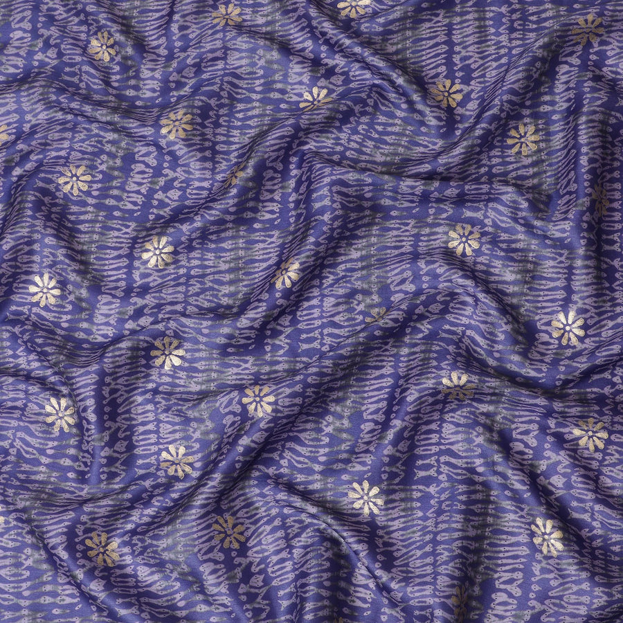 قماش حرير توسار نقي فاخر باللون الأزرق النيلي مع طباعة أرجواني فاتح وأخضر زيتوني وأسود مع طباعة ذهبية بتصميم الباتيك-D16524