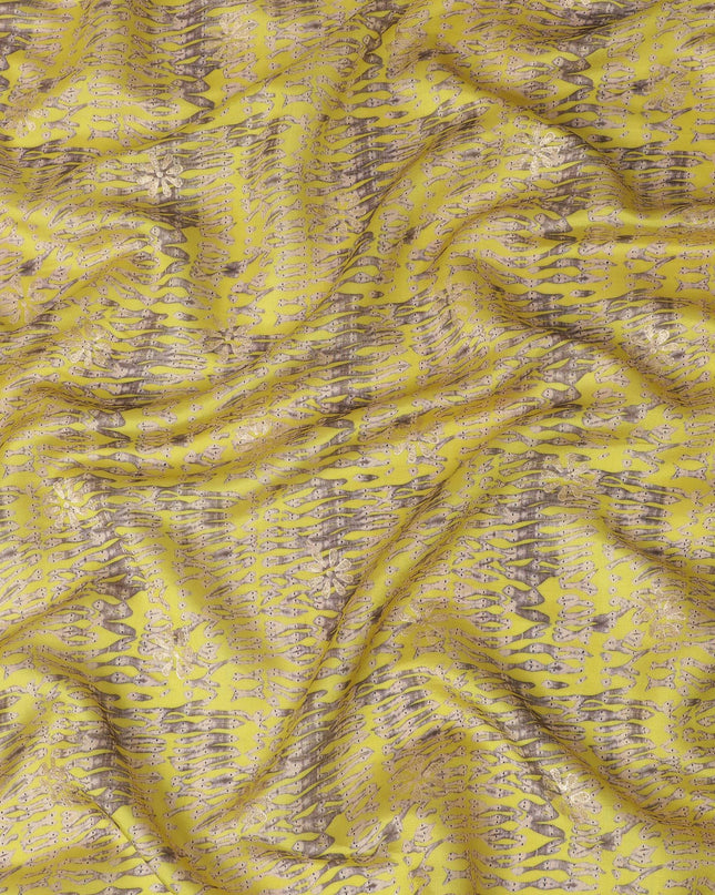 Lime green Premium pure tussar silk fabric with pale brown and black print having gold print in batik design-D16525