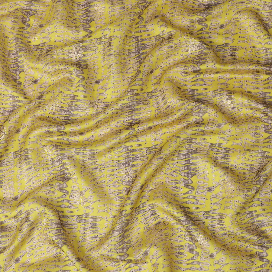 Lime green Premium pure tussar silk fabric with pale brown and black print having gold print in batik design-D16525