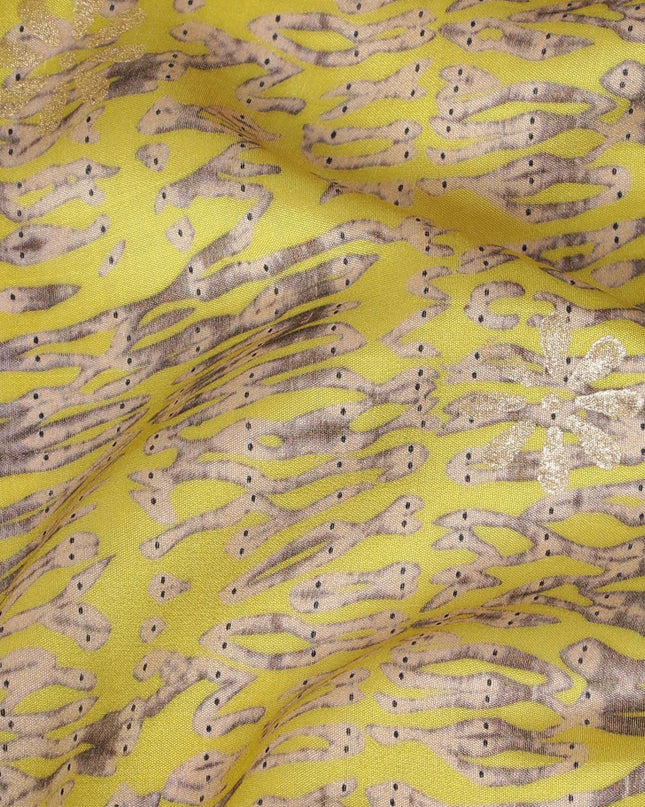 Lime green Premium pure tussar silk fabric with pale brown and black print having gold print in batik design-D16525
