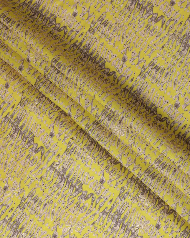 Lime green Premium pure tussar silk fabric with pale brown and black print having gold print in batik design-D16525