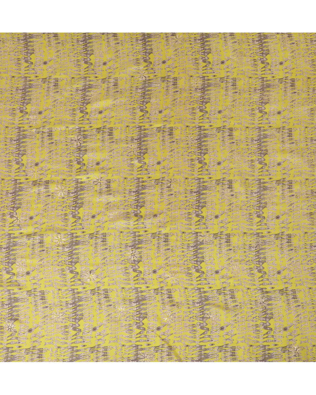 Lime green Premium pure tussar silk fabric with pale brown and black print having gold print in batik design-D16525