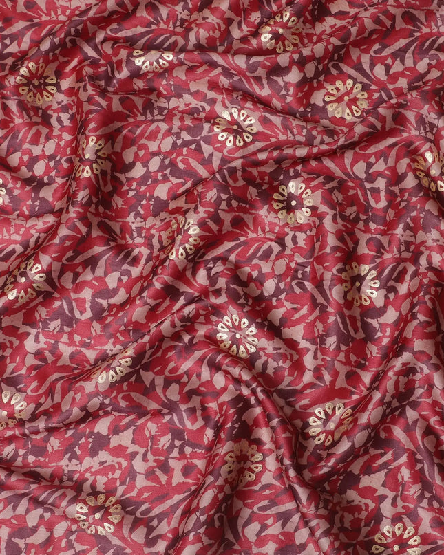 Crimson red Premium pure Tussar silk fabric with maroon, pale brown and gold foil print in batik design-D16528 Regal Fabrics
