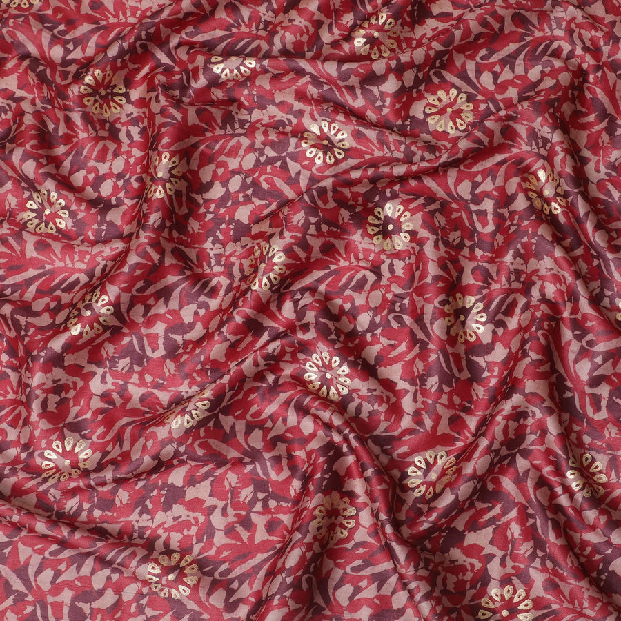 Crimson red Premium pure Tussar silk fabric with maroon, pale brown and gold foil print in batik design-D16528