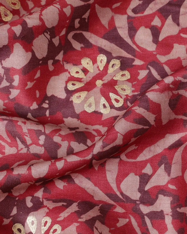 Crimson red Premium pure Tussar silk fabric with maroon, pale brown and gold foil print in batik design-D16528 Regal Fabrics