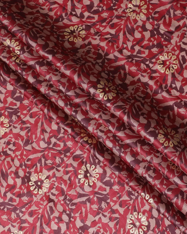 Crimson red Premium pure Tussar silk fabric with maroon, pale brown and gold foil print in batik design-D16528 Regal Fabrics
