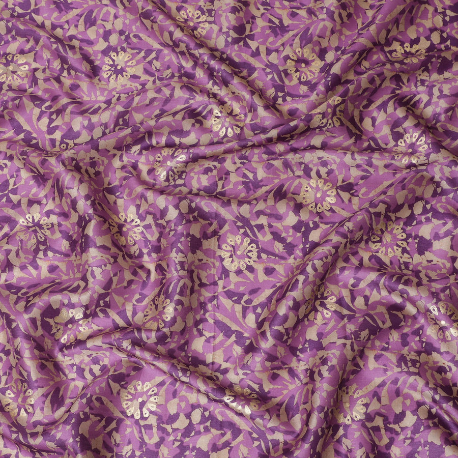 Purple Premium pure Tussar silk fabric with same tone, pale brown and gold foil print in batik design-D16530