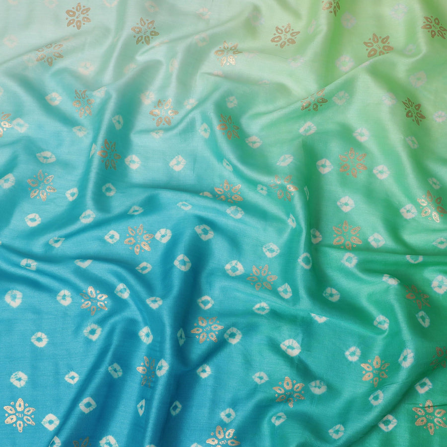 أزرق سماوي إلى أخضر غاري قماش حرير توسار خالص فاخر مع طباعة رقائق ذهبية وذهبية بتصميم هندسي-D16531