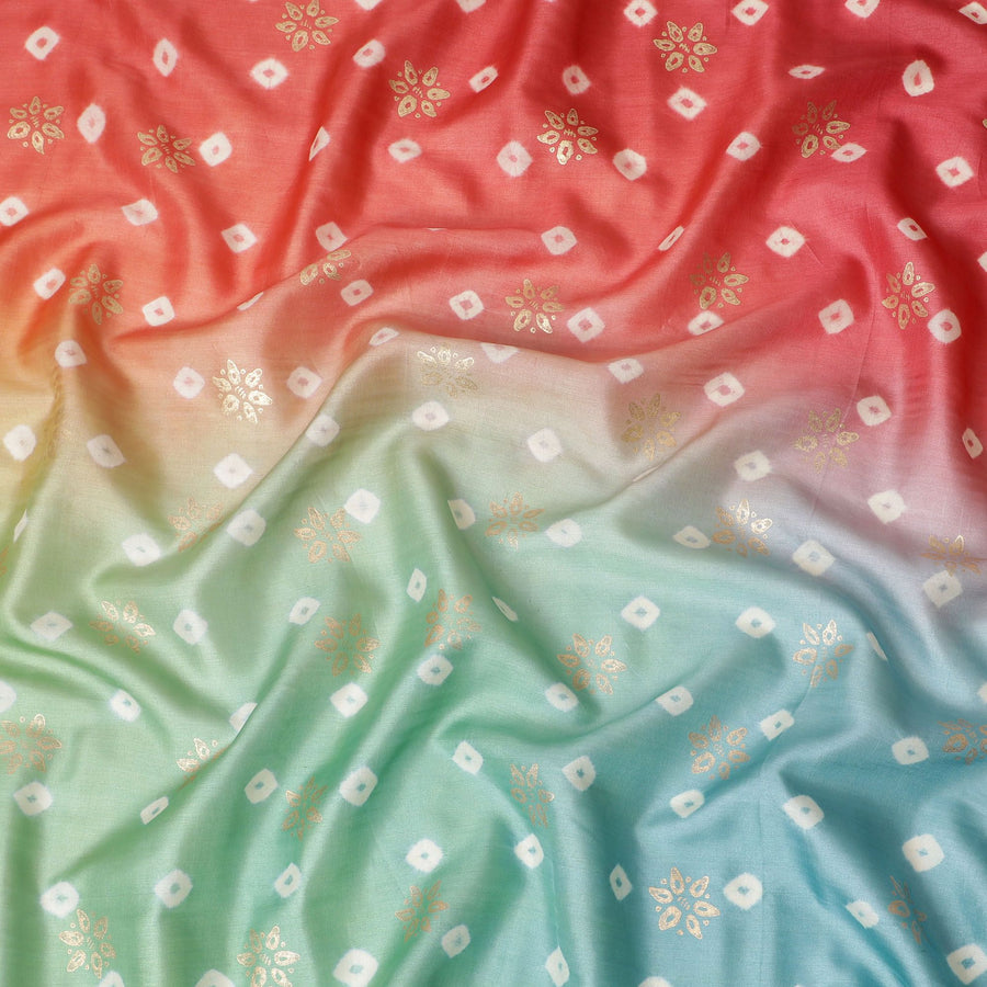 قماش حرير توسار خالص فاخر من الأحمر القرميدي إلى الأخضر الصيفي مع طباعة رقائق باللون البيج والذهبي بتصميم هندسي -D16532