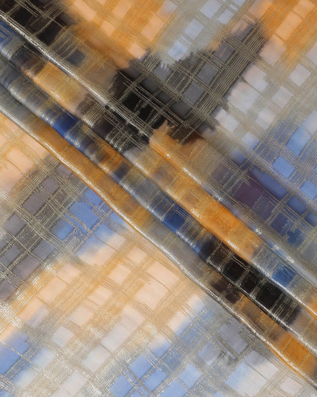 قماش شيفون حرير فرنسي (فرنساوي) فاخر متعدد الألوان مع لوركس معدني ذهبي بتصميم هندسي-D16536