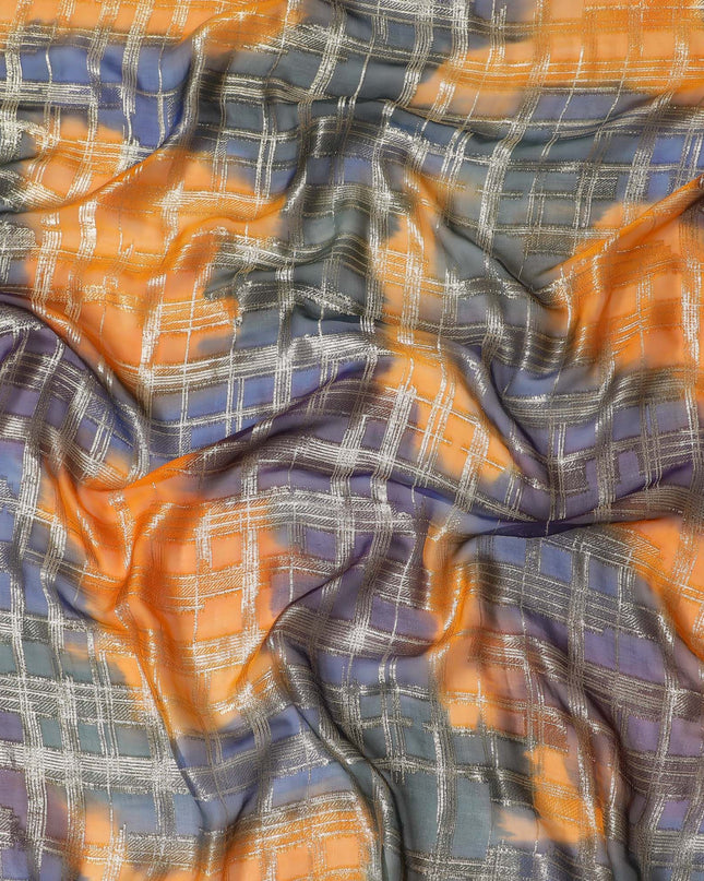 قماش شيفون حرير فرنسي (فرنساوي) فاخر متعدد الألوان مع لوركس معدني ذهبي بتصميم هندسي-D16537