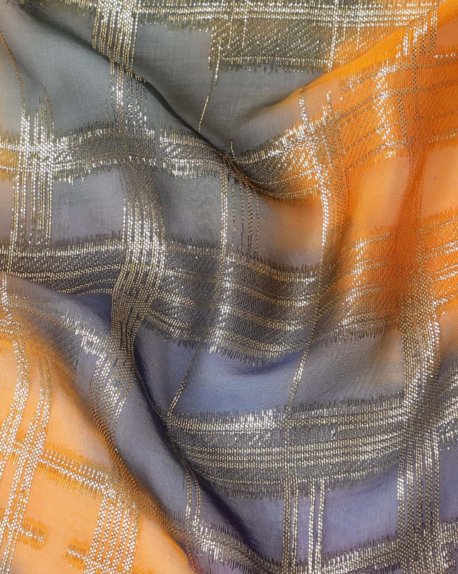 قماش شيفون حرير فرنسي (فرنساوي) فاخر متعدد الألوان مع لوركس معدني ذهبي بتصميم هندسي-D16537