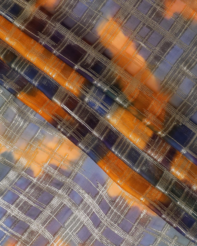 قماش شيفون حرير فرنسي (فرنساوي) فاخر متعدد الألوان مع لوركس معدني ذهبي بتصميم هندسي-D16537