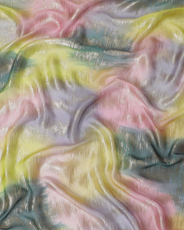 قماش شيفون حريري فرنسي (فرنساوي) فاخر متعدد الألوان مع لوريكس معدني ذهبي بتصميم تجريدي-D16539