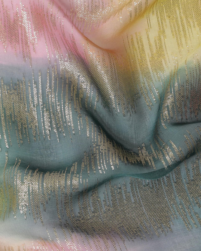 قماش شيفون حريري فرنسي (فرنساوي) فاخر متعدد الألوان مع لوريكس معدني ذهبي بتصميم تجريدي-D16539