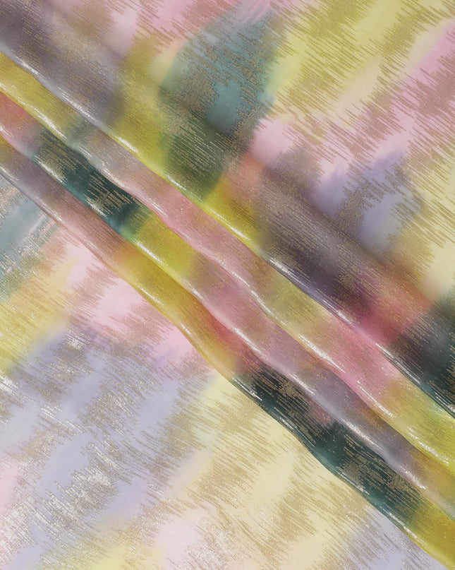 قماش شيفون حريري فرنسي (فرنساوي) فاخر متعدد الألوان مع لوريكس معدني ذهبي بتصميم تجريدي-D16539