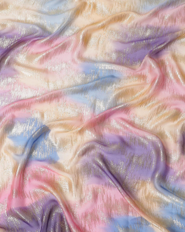 قماش شيفون حريري فرنسي (فرنساوي) فاخر متعدد الألوان مع لوريكس معدني ذهبي بتصميم تجريدي-D16539