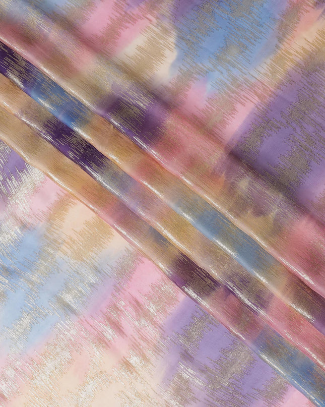 قماش شيفون حريري فرنسي (فرنساوي) فاخر متعدد الألوان مع لوريكس معدني ذهبي بتصميم تجريدي-D16539