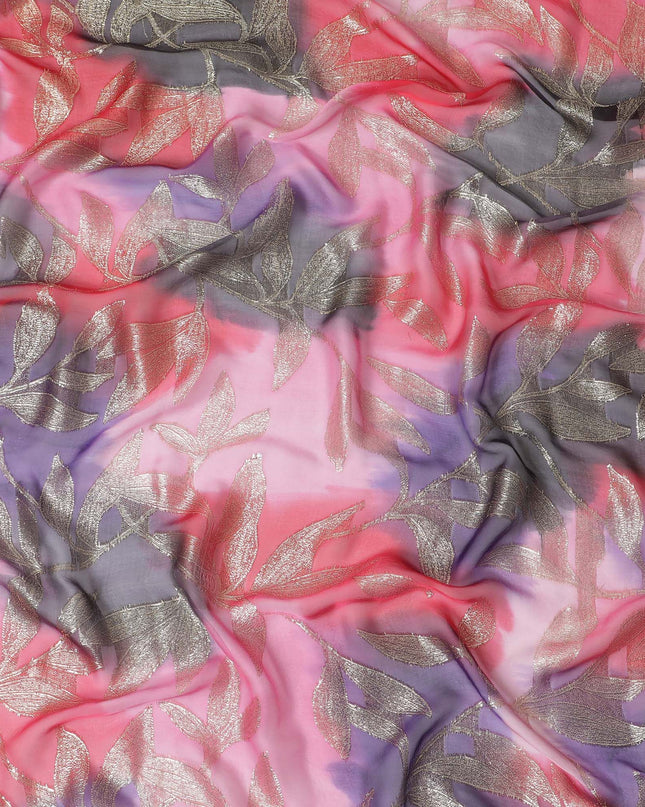 قماش شيفون حريري فرنسي (فرنساوي) فاخر متعدد الألوان مع لوريكس معدني ذهبي بتصميم أوراق الشجر-D16542