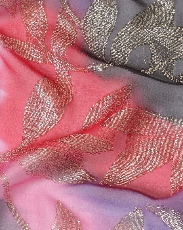 قماش شيفون حريري فرنسي (فرنساوي) فاخر متعدد الألوان مع لوريكس معدني ذهبي بتصميم أوراق الشجر-D16542