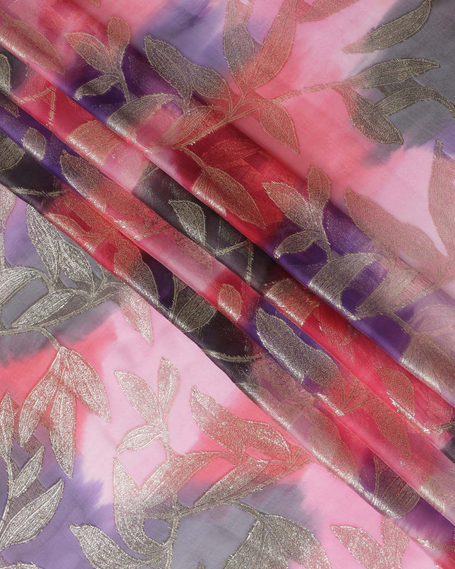 قماش شيفون حريري فرنسي (فرنساوي) فاخر متعدد الألوان مع لوريكس معدني ذهبي بتصميم أوراق الشجر-D16542