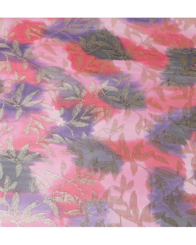 قماش شيفون حريري فرنسي (فرنساوي) فاخر متعدد الألوان مع لوريكس معدني ذهبي بتصميم أوراق الشجر-D16542