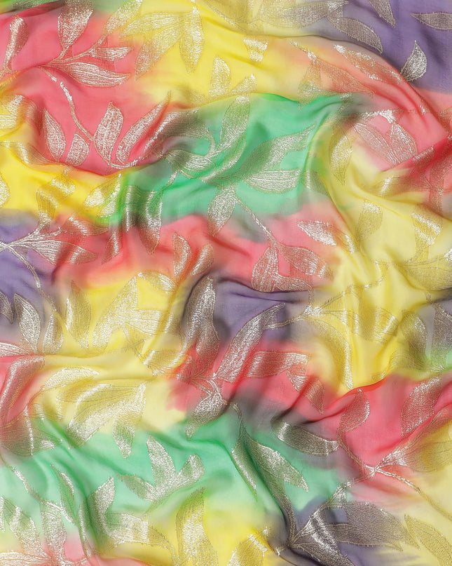 قماش شيفون حريري فرنسي (فرنساوي) فاخر متعدد الألوان مع لوريكس معدني ذهبي بتصميم أوراق الشجر-D16543