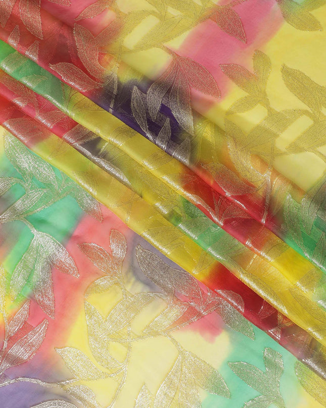 قماش شيفون حريري فرنسي (فرنساوي) فاخر متعدد الألوان مع لوريكس معدني ذهبي بتصميم أوراق الشجر-D16543