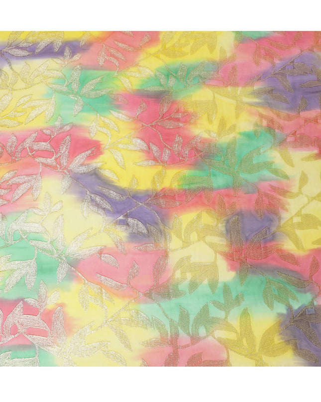 قماش شيفون حريري فرنسي (فرنساوي) فاخر متعدد الألوان مع لوريكس معدني ذهبي بتصميم أوراق الشجر-D16543