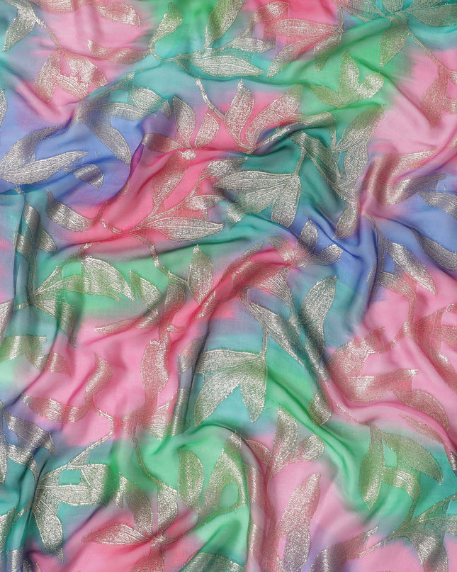 قماش شيفون حريري فرنسي (فرنساوي) فاخر متعدد الألوان مع لوريكس معدني ذهبي بتصميم أوراق الشجر-D16544