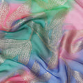 Multicolor Premium pure French (Fransawi) silk chiffon fabric with gold metallic lurex in Leaf design-D16544