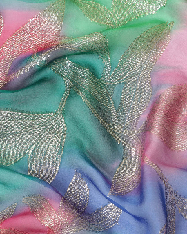 قماش شيفون حريري فرنسي (فرنساوي) فاخر متعدد الألوان مع لوريكس معدني ذهبي بتصميم أوراق الشجر-D16544