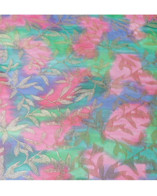 قماش شيفون حريري فرنسي (فرنساوي) فاخر متعدد الألوان مع لوريكس معدني ذهبي بتصميم أوراق الشجر-D16544