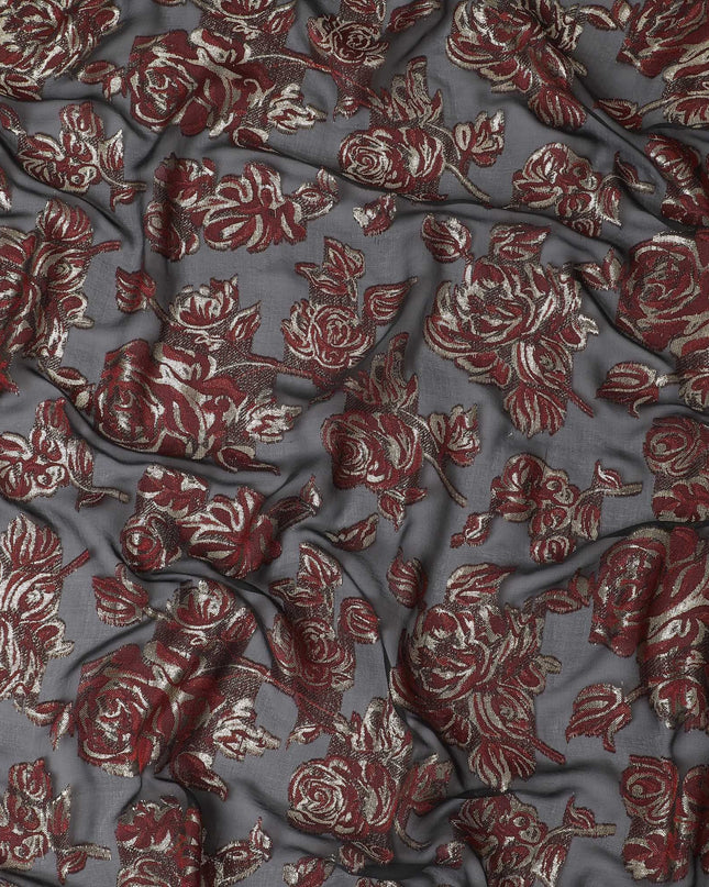 Black Premium pure French (Fransawi) silk chiffon fabric with maroon viscose and gold metallic lurex in floral design-D16545