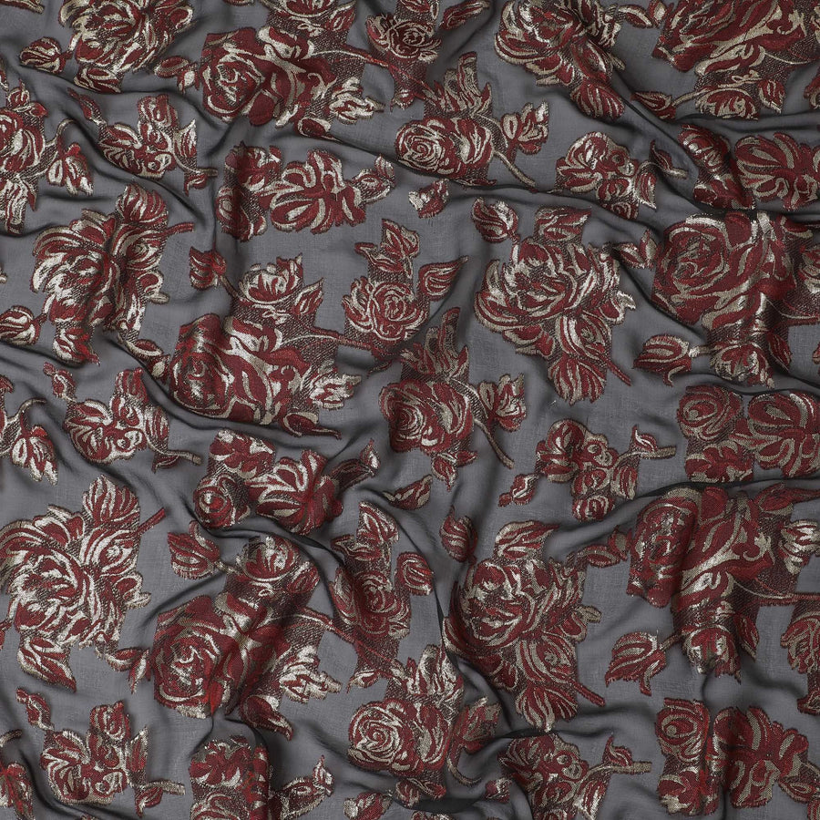 قماش شيفون حريري فرنسي (فرنساوي) أسود فاخر مع فيسكوز كستنائي ولوريكس معدني ذهبي بتصميم زهور - D16545