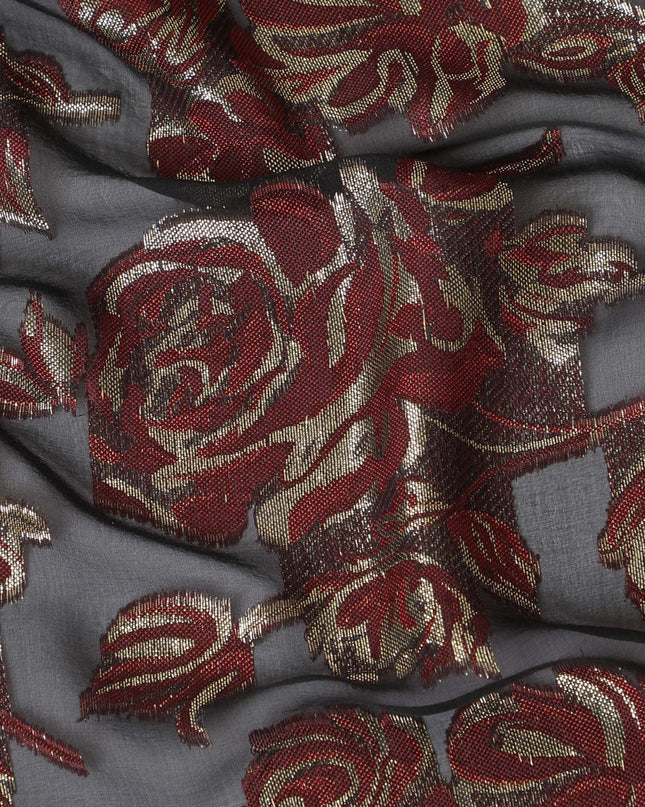 Black Premium pure French (Fransawi) silk chiffon fabric with maroon viscose and gold metallic lurex in floral design-D16545
