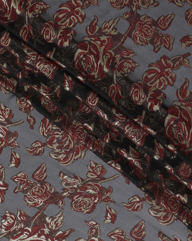 Black Premium pure French (Fransawi) silk chiffon fabric with maroon viscose and gold metallic lurex in floral design-D16545