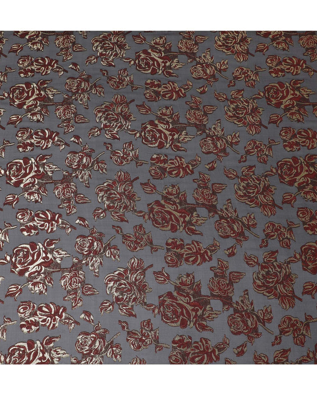 Black Premium pure French (Fransawi) silk chiffon fabric with maroon viscose and gold metallic lurex in floral design-D16545