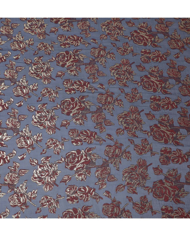 قماش شيفون حريري فرنسي (فرنساوي) فاخر باللون الأزرق الداكن مع فيسكوز كستنائي ولوريكس معدني ذهبي بتصميم زهور - D16546