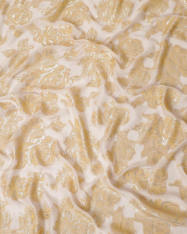 Light peach Premium pure French (Fransawi) silk chiffon fabric with beige viscose and gold metallic lurex in floral design-D16547