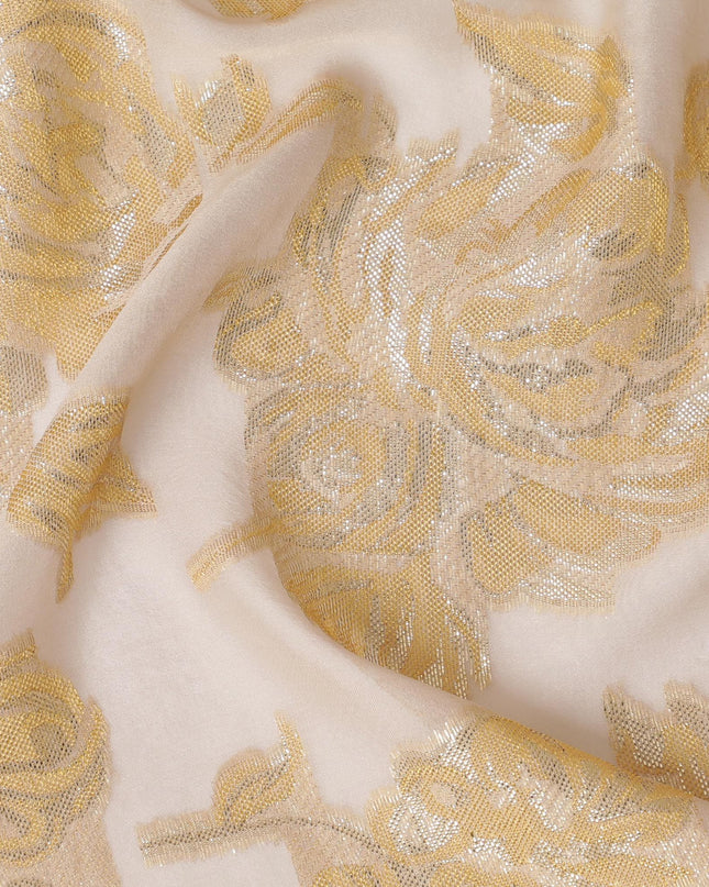 Light peach Premium pure French (Fransawi) silk chiffon fabric with beige viscose and gold metallic lurex in floral design-D16547