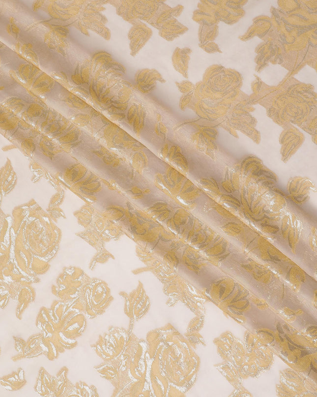 Light peach Premium pure French (Fransawi) silk chiffon fabric with beige viscose and gold metallic lurex in floral design-D16547