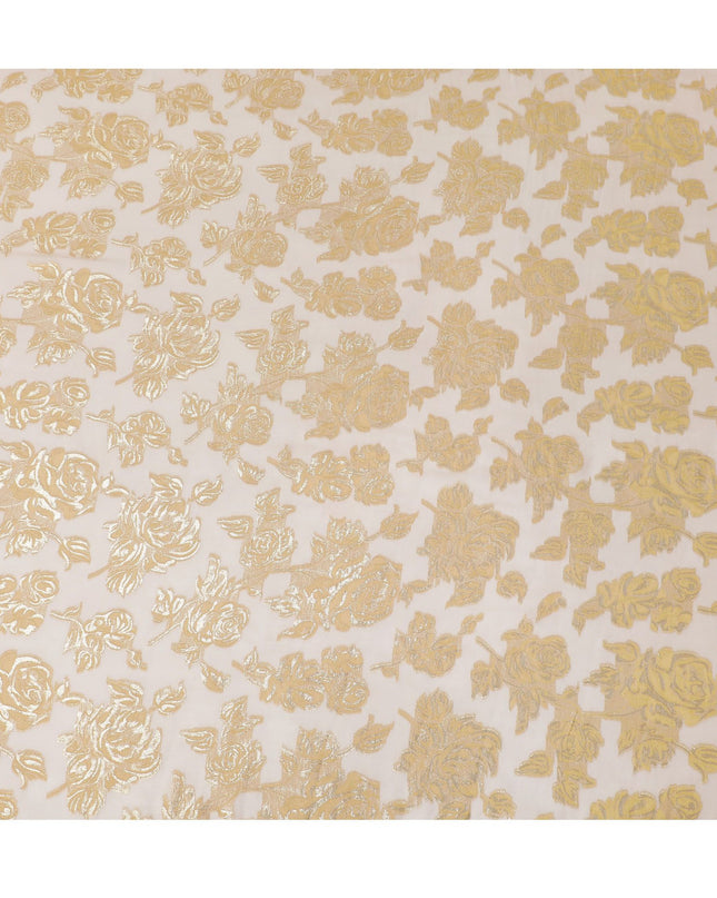 Light peach Premium pure French (Fransawi) silk chiffon fabric with beige viscose and gold metallic lurex in floral design-D16547
