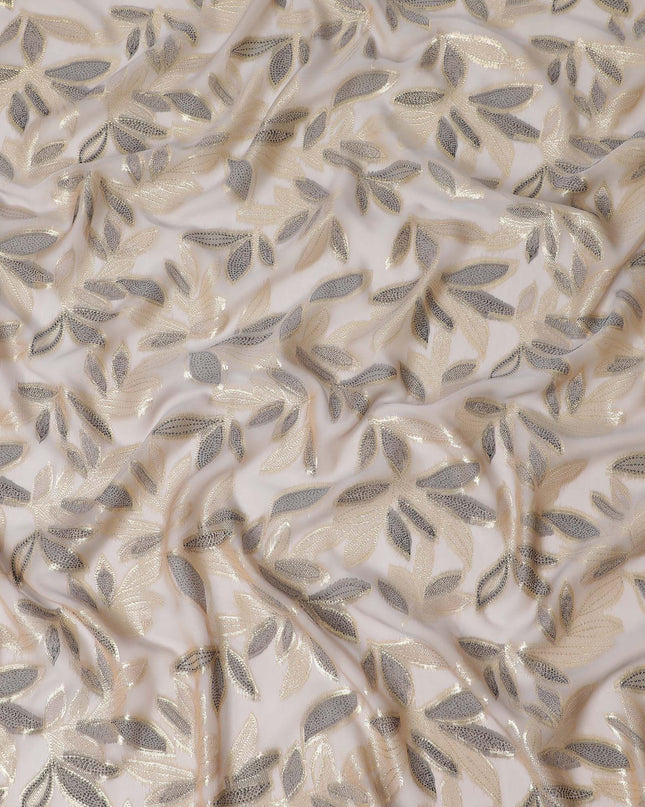 قماش شيفون من الحرير الخالص الفاخر باللون البيج اللاتيه مع الفيسكوز الأسود والوركس المعدني الذهبي بتصميم Leaf Design-D16549