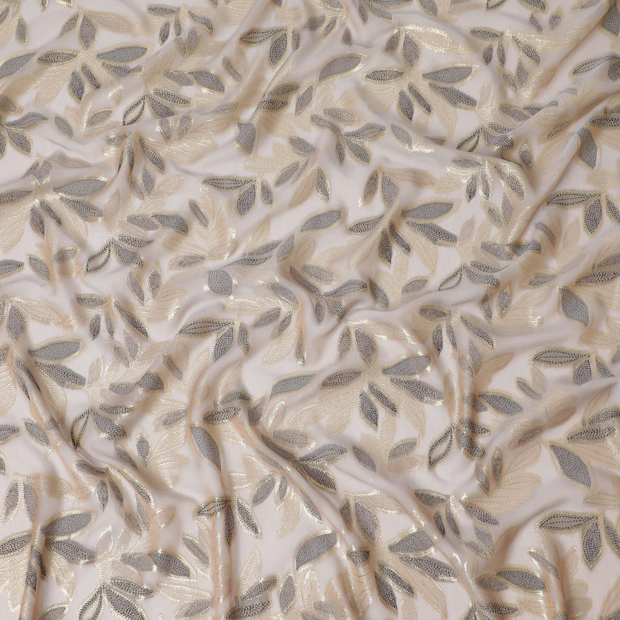 Latte beige Premium pure silk chiffon fabric with black viscose and gold metallic lurex in Leaf Design-D16549