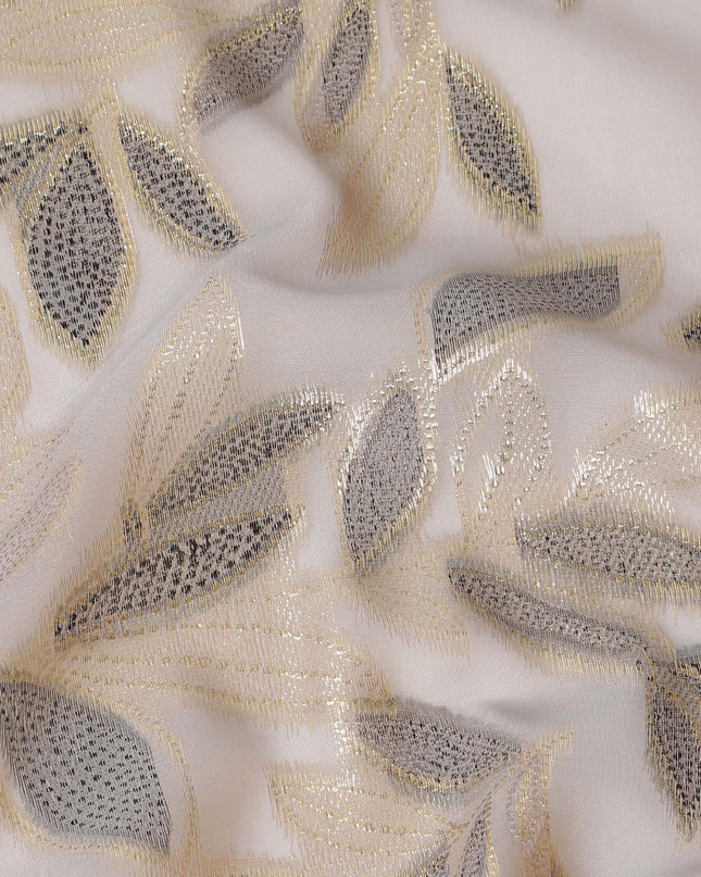 قماش شيفون من الحرير الخالص الفاخر باللون البيج اللاتيه مع الفيسكوز الأسود والوركس المعدني الذهبي بتصميم Leaf Design-D16549