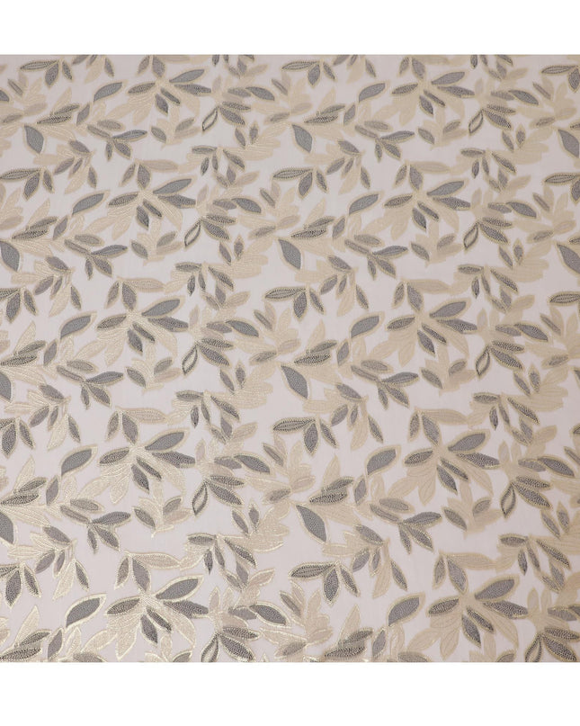 قماش شيفون من الحرير الخالص الفاخر باللون البيج اللاتيه مع الفيسكوز الأسود والوركس المعدني الذهبي بتصميم Leaf Design-D16549