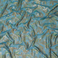 Petrol blue Premium pure silk chiffon fabric with lime green viscose and gold metallic lurex in Leaf Design-D16550